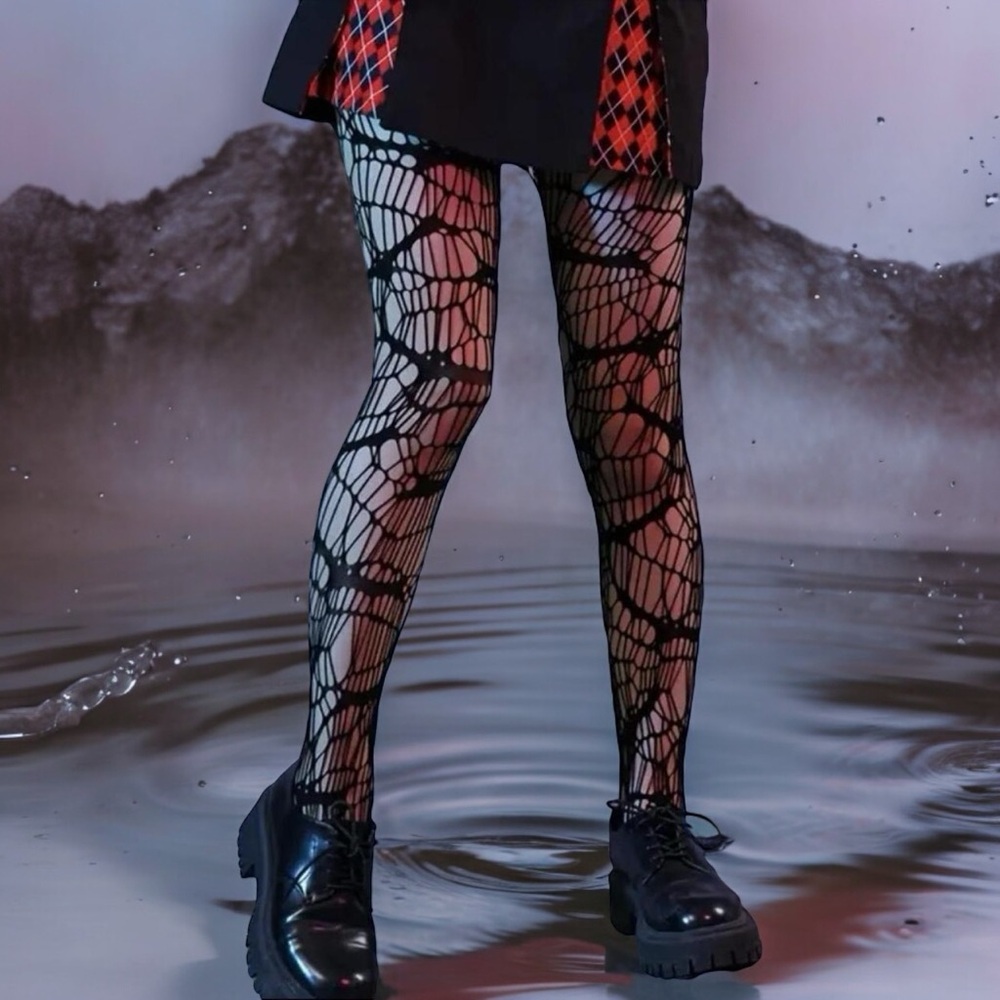 Black Bat Patterned Fishnet Tights, High Waist Footed Pantyhose One Size - Picture 7 of 11
